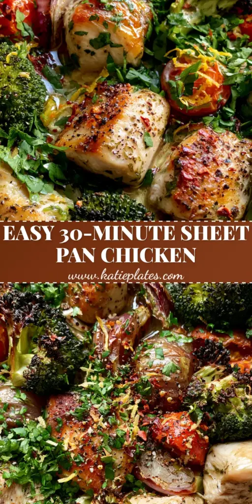 A rustic sheet pan filled with glistening weeknight chicken dinner, featuring golden-brown chicken chunks, charred broccoli, and blistered tomatoes garnished with lemon zest.