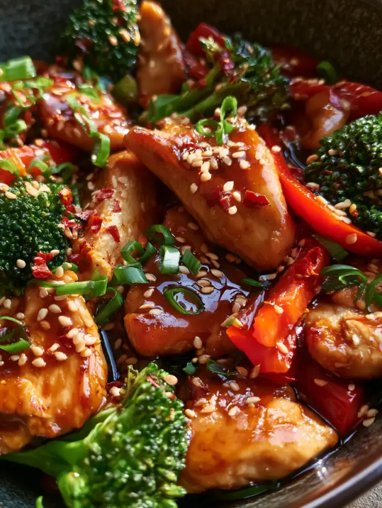 Chinese Dinner Recipes: The Best Ginger Soy Chicken Stir Fry 1 Close up of steamed emerald broccoli and julienned red bell peppers in a dark ceramic bowl, part of our Chinese Dinner Recipes.
