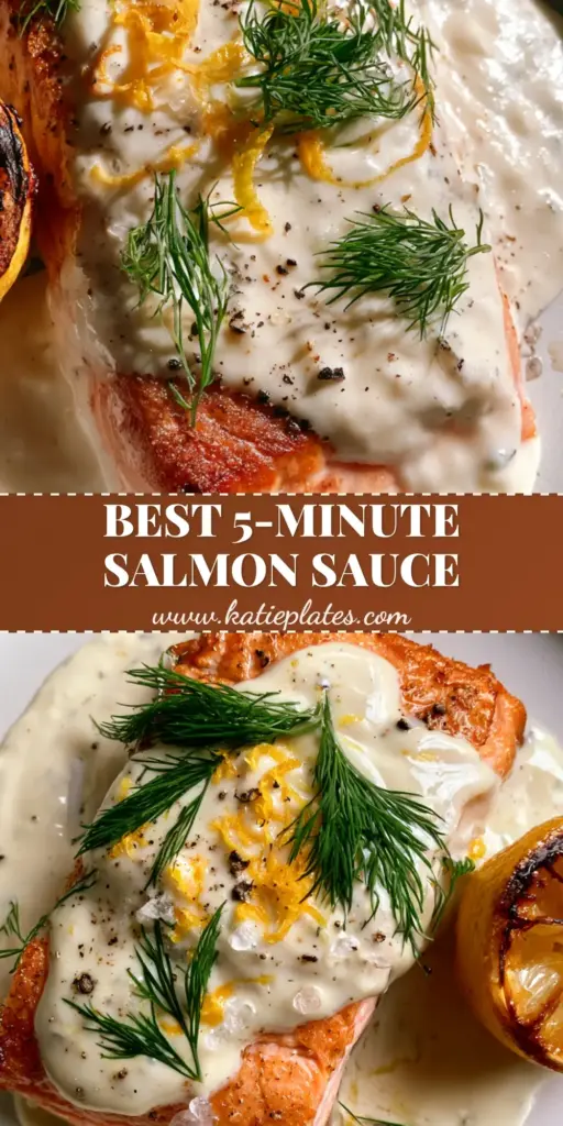 A close-up vertical shot of pan-seared salmon with a thick, velvety dill sauce for salmon, topped with lemon zest curls and fresh dill sprigs.