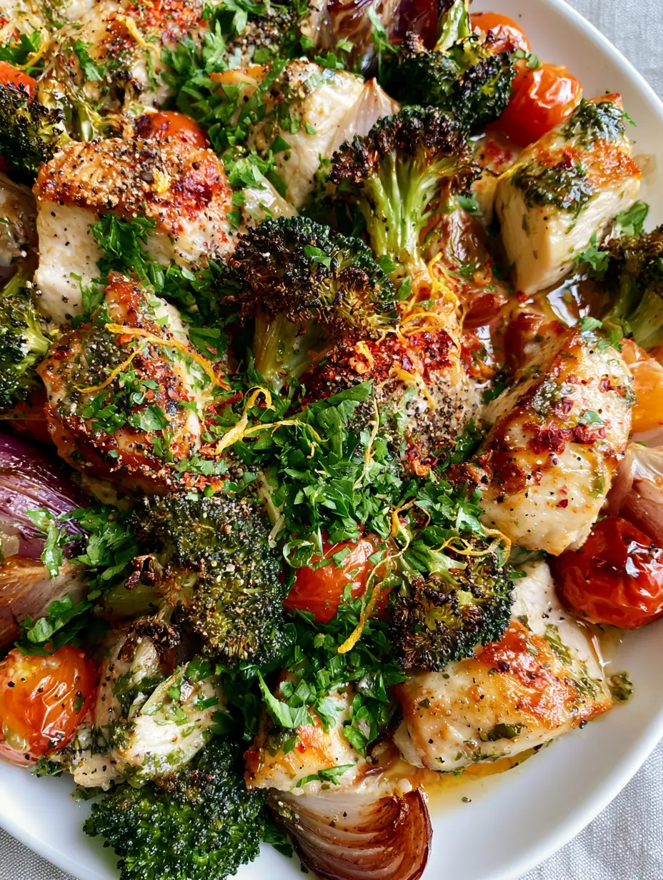Close-up macro shot of seared chicken breast chunks and charred broccoli florets for a weeknight chicken dinner.