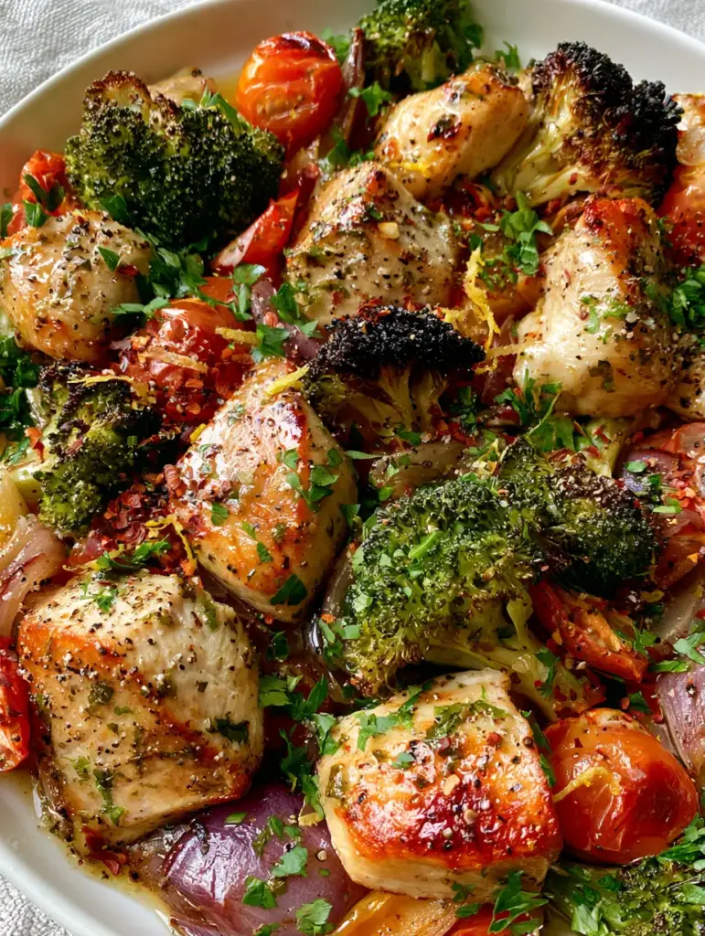 A top-down view of a glistening sheet pan dinner with blistered cherry tomatoes and caramelized red onions.