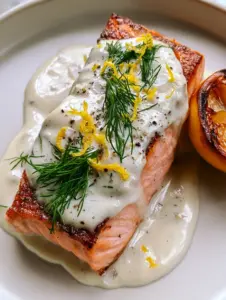 Macro top-down view of a salmon fillet covered in a glossy ivory dill sauce for salmon with emerald green sprigs.