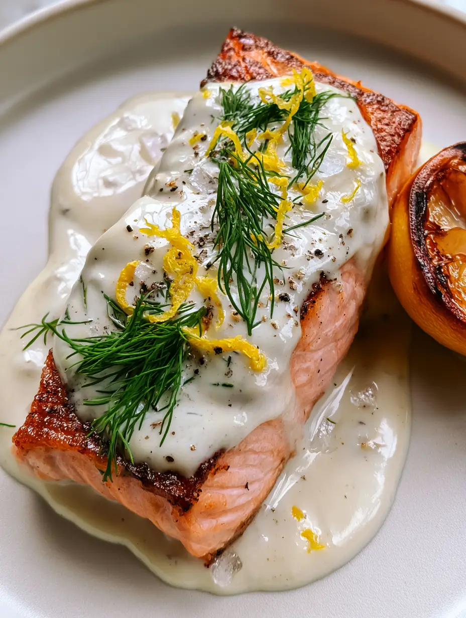 Macro top-down view of a salmon fillet covered in a glossy ivory dill sauce for salmon with emerald green sprigs.