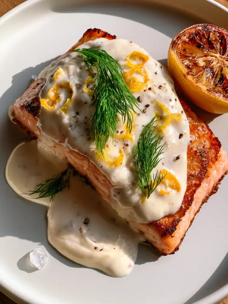 Searing salmon in a pan to achieve a crispy golden-brown skin, perfect for pairing with a dill sauce for salmon.