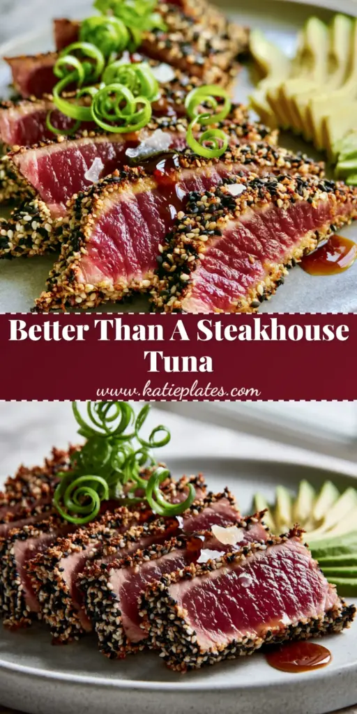 Seared Ahi Tuna with a Toasted Sesame Crust and Soy-Ginger Glaze 4 Sliced sesame seared ahi tuna fanned on a gray plate with avocado and soy-ginger glaze. (seared ahi tuna)