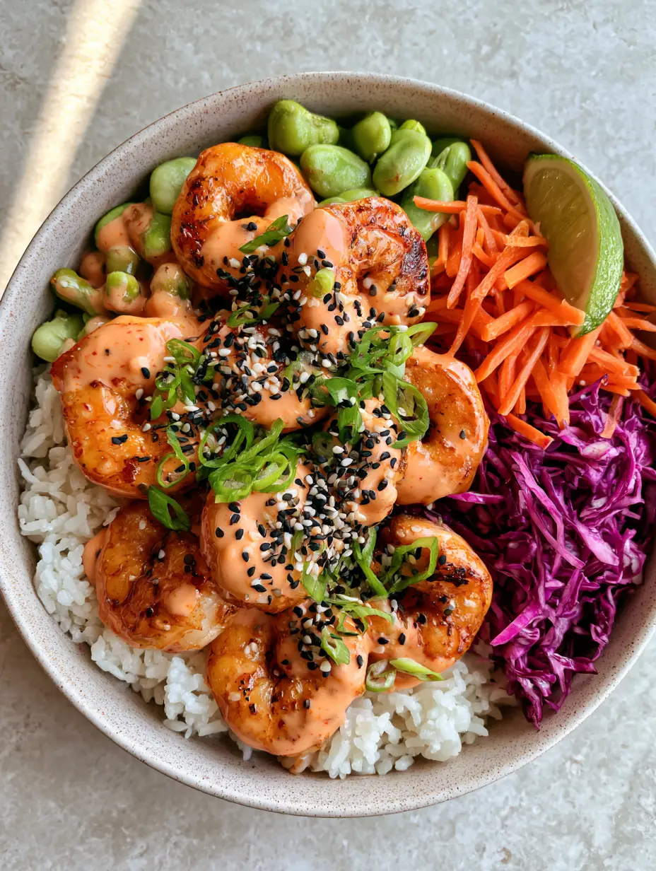 Top-down view of a Shrimp Rice Bowl showing succulent shrimp piled high with creamy sauce and colorful vegetables.