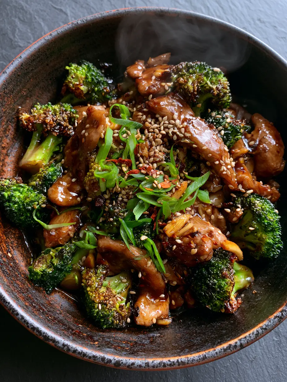 Overhead 45-degree view of Chinese Chicken and Broccoli garnished with sesame seeds and ginger matchsticks. (Chinese Chicken and Broccoli)