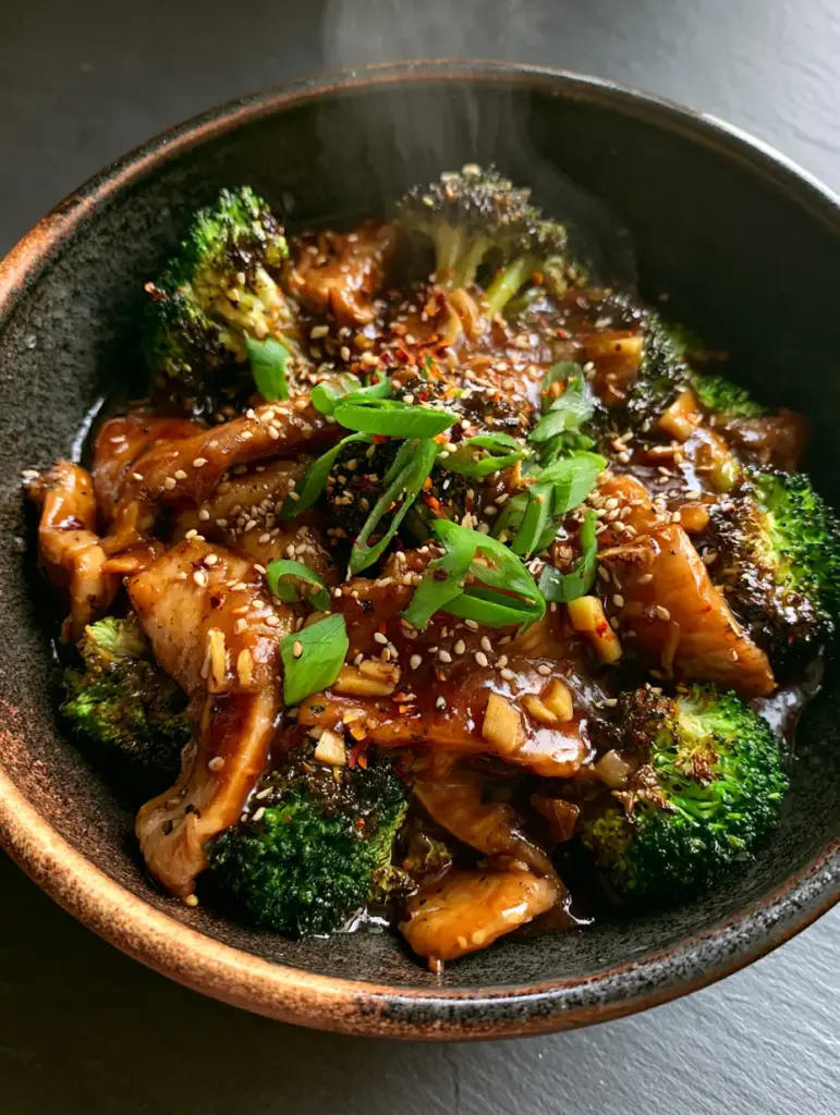 Hyper-realistic texture of Chinese Chicken and Broccoli showing fried garlic and red chili flakes.