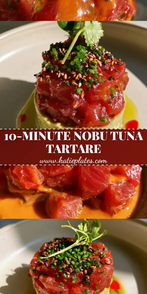 A luxury stack of Nobu Tuna Tartare with a creamy avocado base and spicy miso glazed tuna. (Nobu Tuna Tartare)