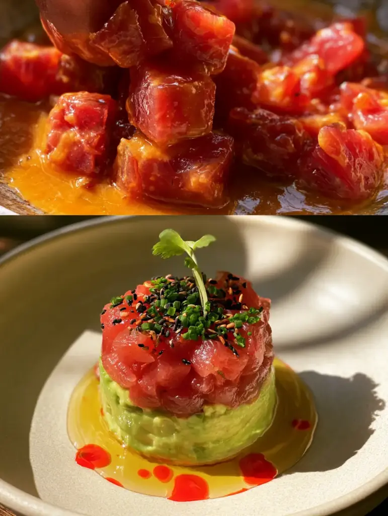 A perfectly plated ring-molded tuna tartare on a matte cream ceramic plate.