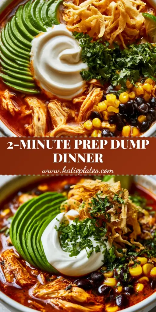Chicken Tortilla Dump Dinner: The Easiest Zesty Weeknight Soup 4 A rustic white bowl of Chicken Tortilla Dump Dinner with reddish-orange broth, shredded chicken, black beans, corn, avocado slices, and golden tortilla strips on a gray linen background.
