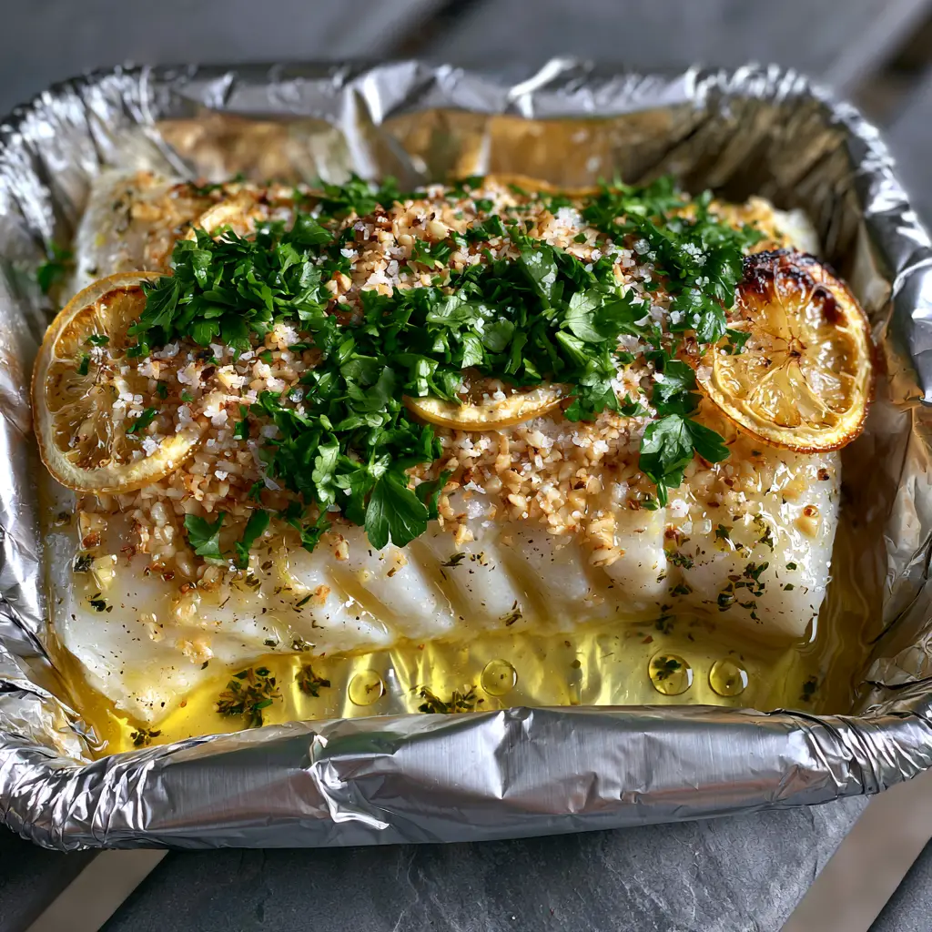 grilled halibut foil packs with Lemon Garlic Butter 2 Macro top-down shot of succulent halibut fillet in a foil boat with lemon garlic butter sauce and fresh herbs (grilled halibut foil packs).