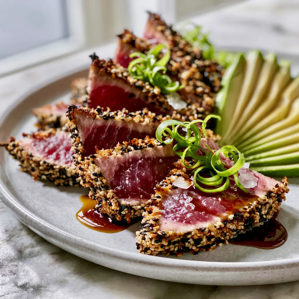 Seared Ahi Tuna with a Toasted Sesame Crust and Soy-Ginger Glaze 2 A close-up of sliced seared ahi tuna showing the vibrant ruby-red rare center and toasted sesame seed crust. (seared ahi tuna)