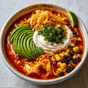 Close-up of Chicken Tortilla Dump Dinner showing thick chunks of shredded chicken, black beans, and a swirl of sour cream in a zesty tomato broth.