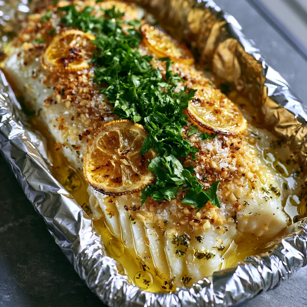 grilled halibut foil packs with Lemon Garlic Butter 1 Thick white halibut fillet topped with caramelized charred lemon wheels and minced roasted garlic in crinkled foil.