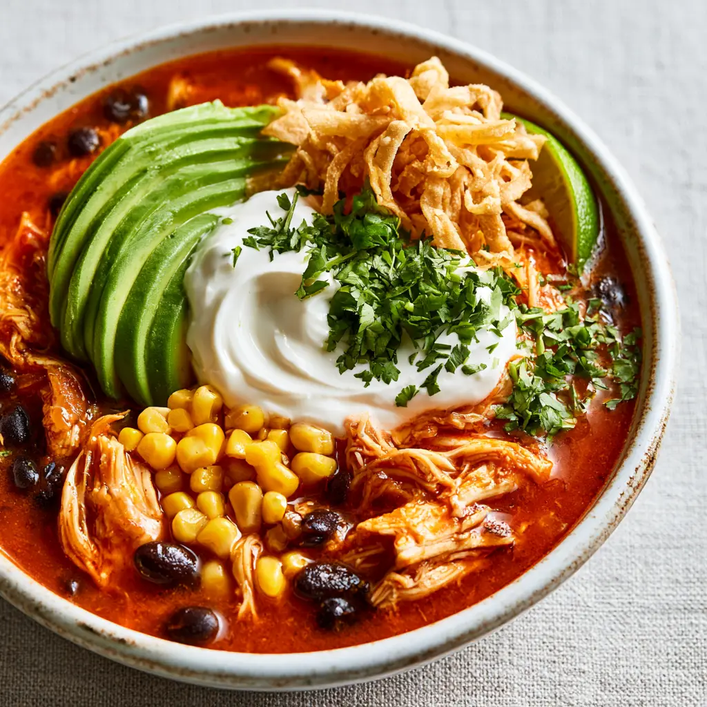 Chicken Tortilla Dump Dinner: The Easiest Zesty Weeknight Soup 1 Top-down view of a rustic bowl of Chicken Tortilla Dump Dinner topped with a meticulously arranged avocado fan and crispy tortilla strips.