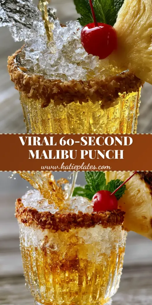 Malibu Rum Drinks: The Ultimate Golden Pineapple Coconut Punch 4 A refreshing golden Malibu Rum pineapple punch with a toasted coconut rim and crushed ice on a teak table. (Malibu Rum drinks)