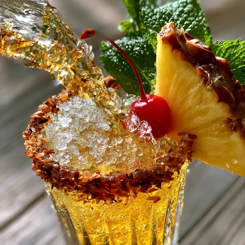 A dynamic pour of golden pineapple punch into a ribbed glass with toasted coconut rim. (Malibu Rum drinks)