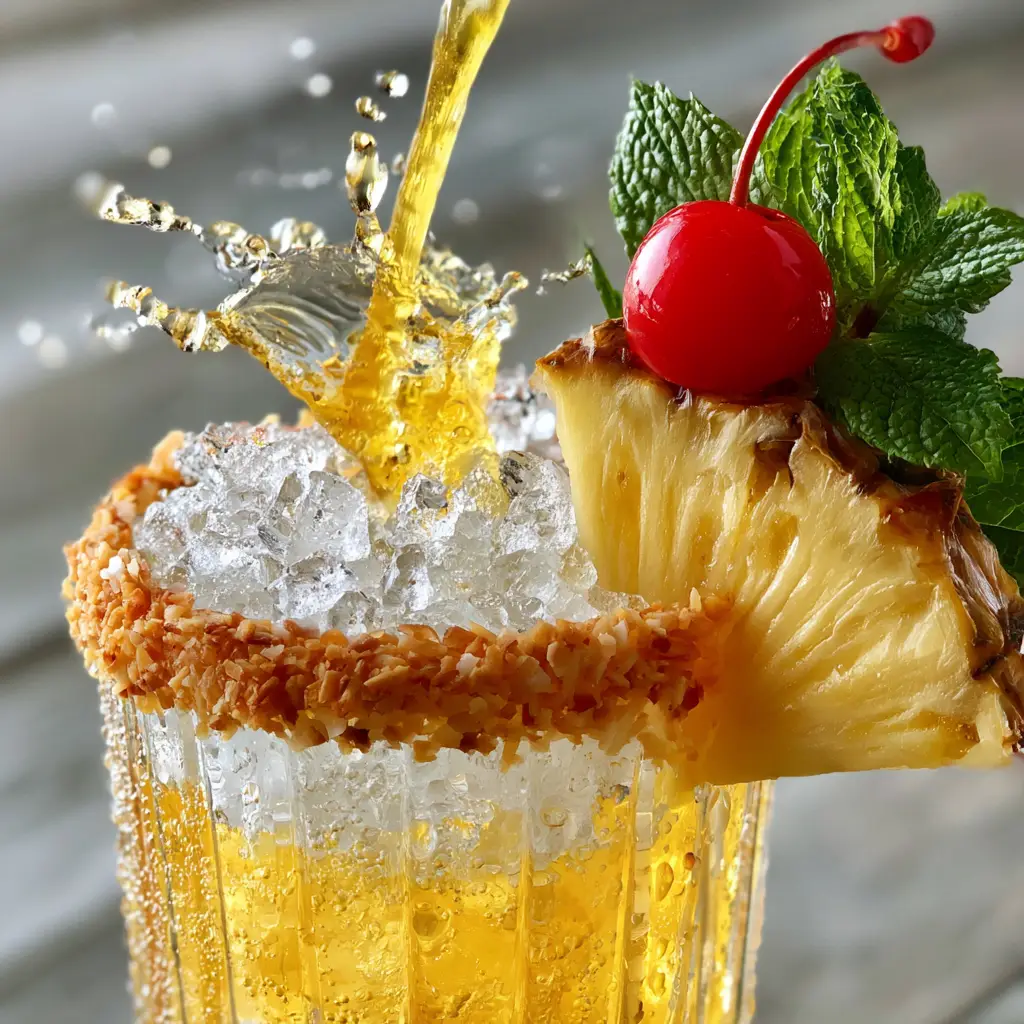Malibu Rum Drinks: The Ultimate Golden Pineapple Coconut Punch 1 Close up of a Malibu Rum drink garnished with a juicy pineapple wedge and bright red cherry.
