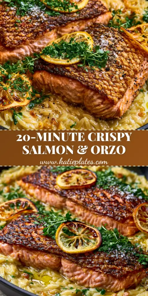 Seared Salmon with Lemon Orzo: The Ultimate 30-Minute Gourmet Dinner 3 A close-up of Seared Salmon with Lemon Orzo in a matte black skillet, featuring ultra-crispy skin and charred lemons.