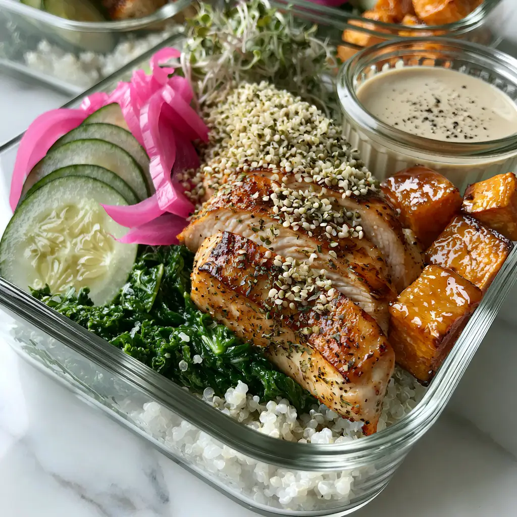 Close-up of aesthetic glass containers with golden-brown chicken and honey-glazed sweet potatoes for a healthy diet.