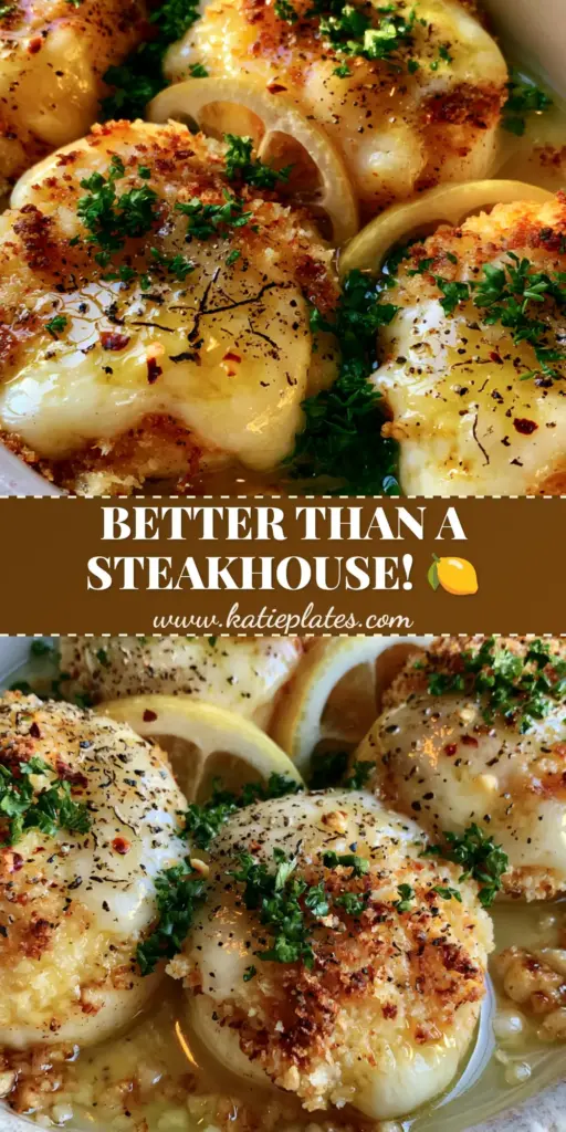 Baked Scallops with Garlic Butter and Crispy Panko Parmesan Crust 4 Golden brown baked scallops in a rustic white dish with a bubbling garlic butter sauce and crispy Panko Parmesan topping.