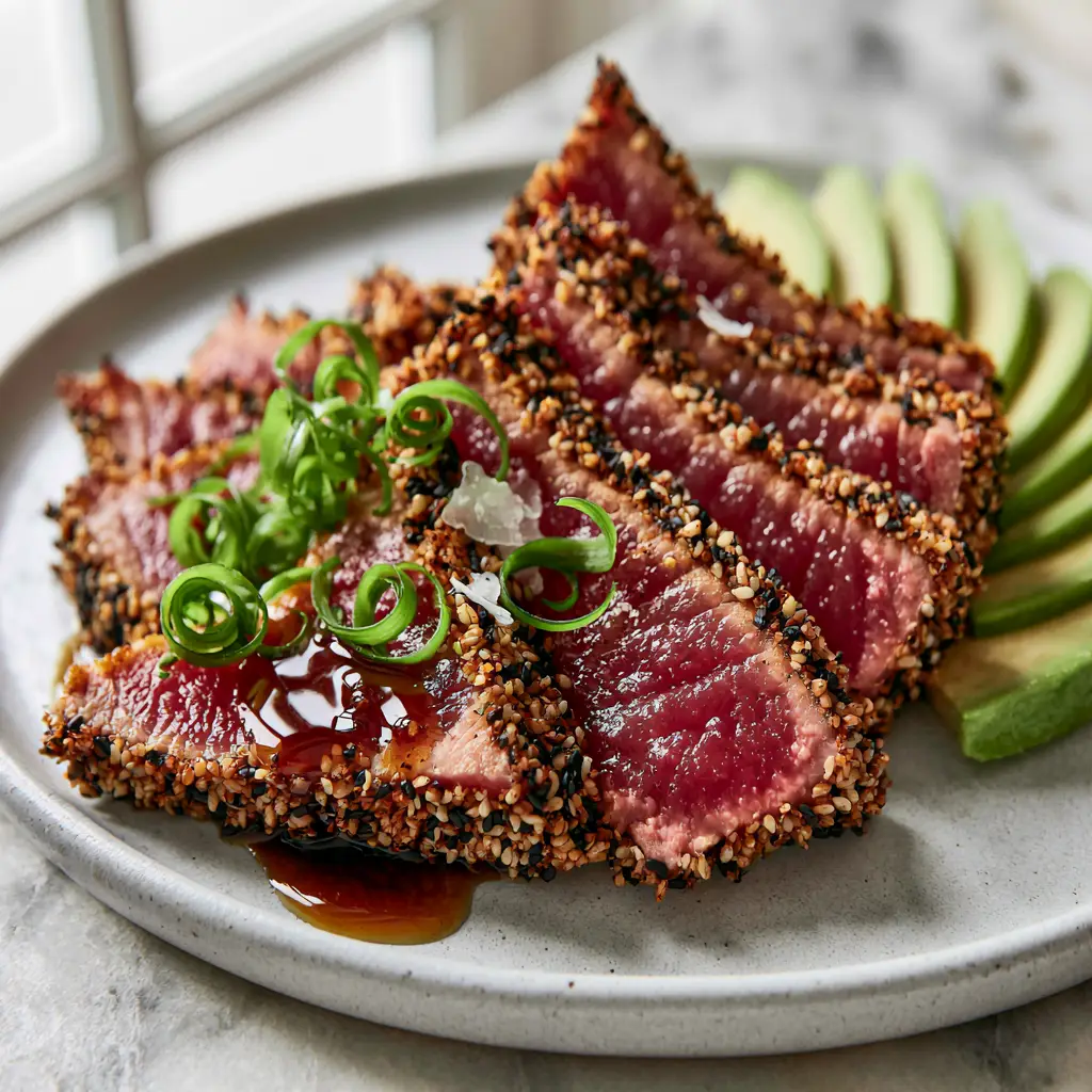 Seared Ahi Tuna with a Toasted Sesame Crust and Soy-Ginger Glaze 1 Smartphone photo of fanned seared ahi tuna on a minimalist plate with curled scallions and soy-ginger drizzle.