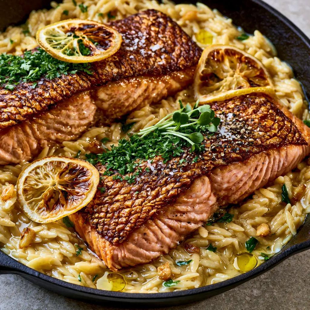 Seared Salmon with Lemon Orzo: The Ultimate 30-Minute Gourmet Dinner 2 High-angle view of two crispy skin Atlantic salmon fillets on a bed of creamy lemon orzo with micro-parsley. (Seared Salmon with Lemon Orzo)