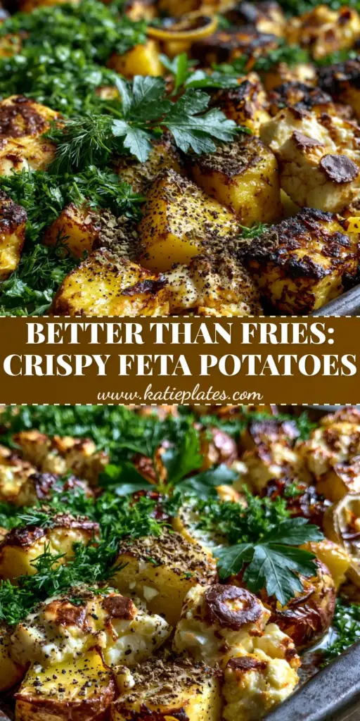 A rustic dark metal sheet pan filled with crispy roasted Yukon Gold potatoes, toasted chunks of feta cheese, fresh dill, parsley, and charred lemon slices. (baked feta potatoes)