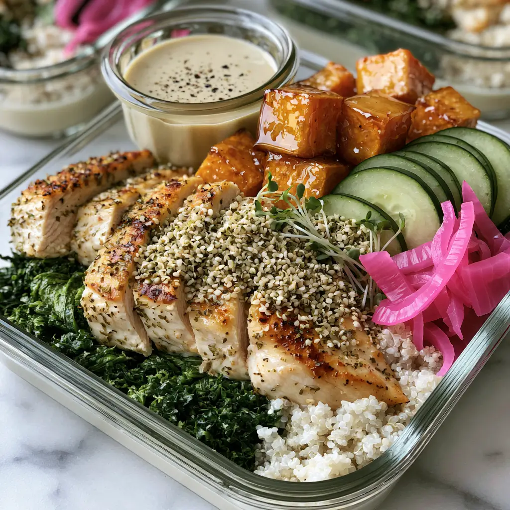 Healthy Diet Rainbow Meal Prep Bowls with Lemon-Tahini 1 Top-down view of massaged emerald kale and fluffy quinoa base with creamy tahini dressing ramekin.
