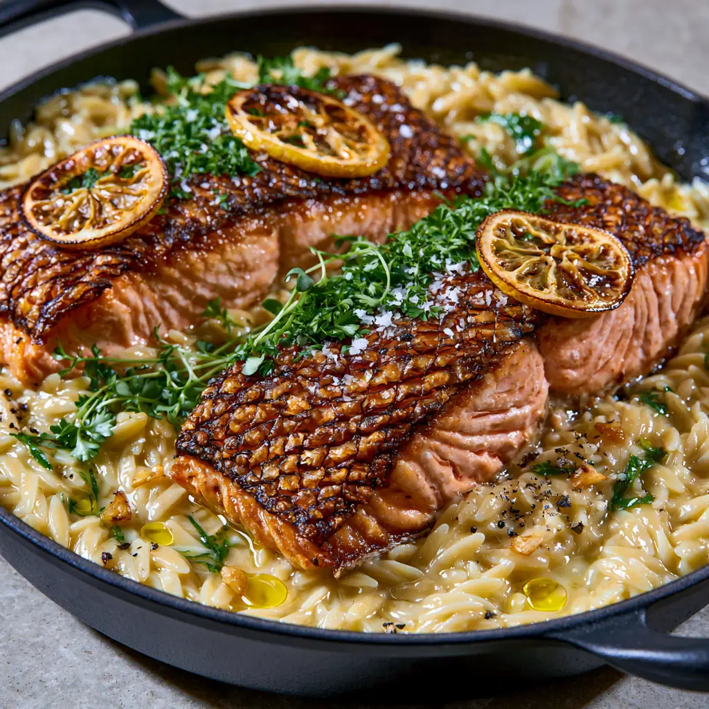 Seared Salmon with Lemon Orzo: The Ultimate 30-Minute Gourmet Dinner 1 Close-up of charred lemon slices and glistening citrus oil on creamy orzo with seared salmon.