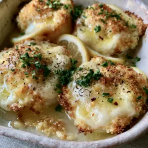 Close-up of baked scallops in a pool of lemon garlic butter sauce garnished with parsley and lemon slices.