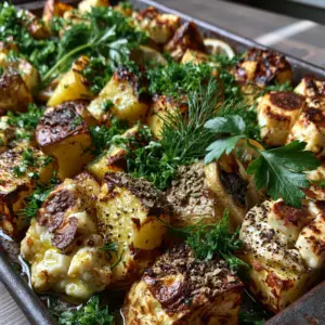 Close-up of roasted Yukon Gold potato cubes with shattered-crisp edges and creamy toasted feta cheese on a dark pan. (baked feta potatoes)
