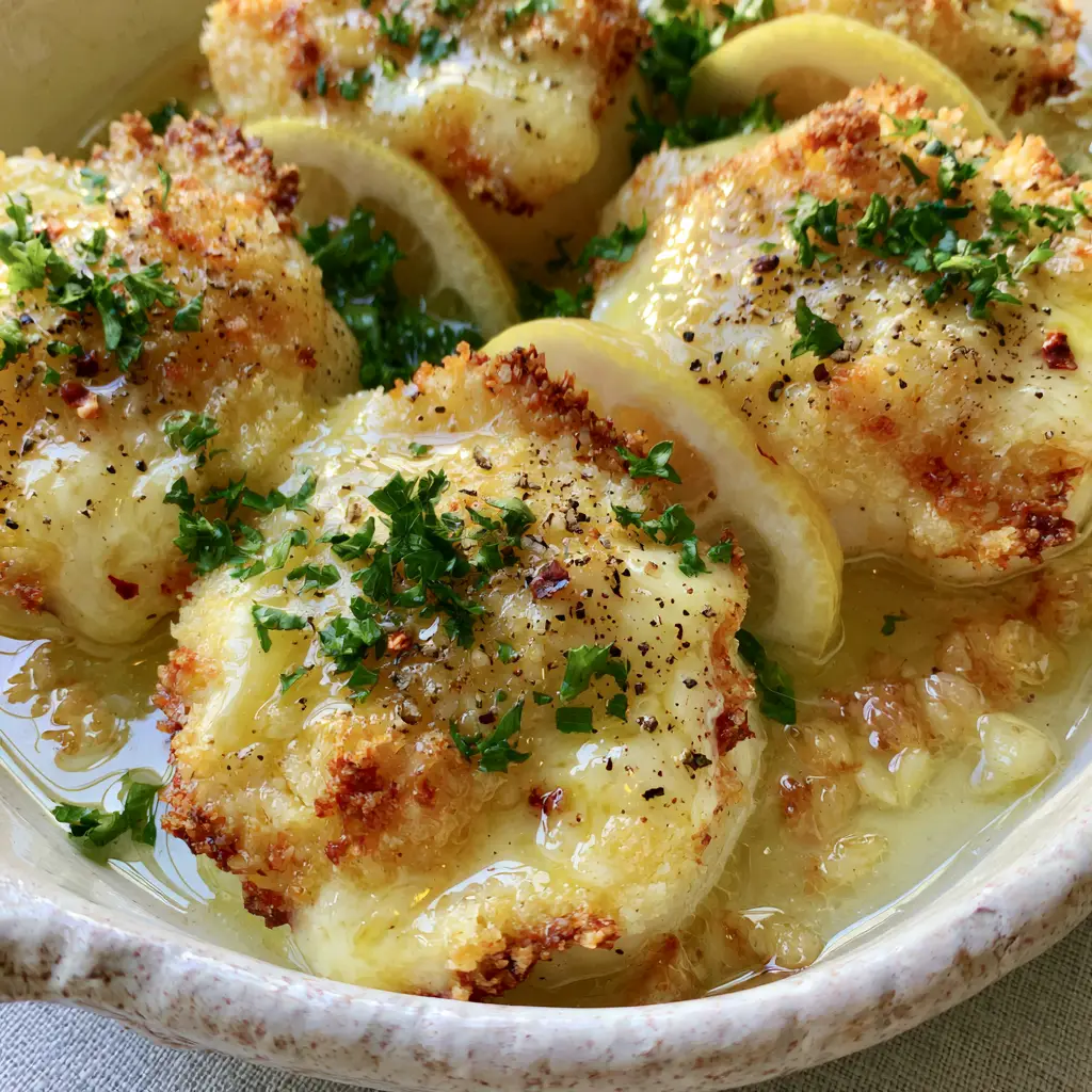 Baked Scallops with Garlic Butter and Crispy Panko Parmesan Crust 1 Top view of crispy baked scallops with visible red pepper flakes and black pepper seasoning.