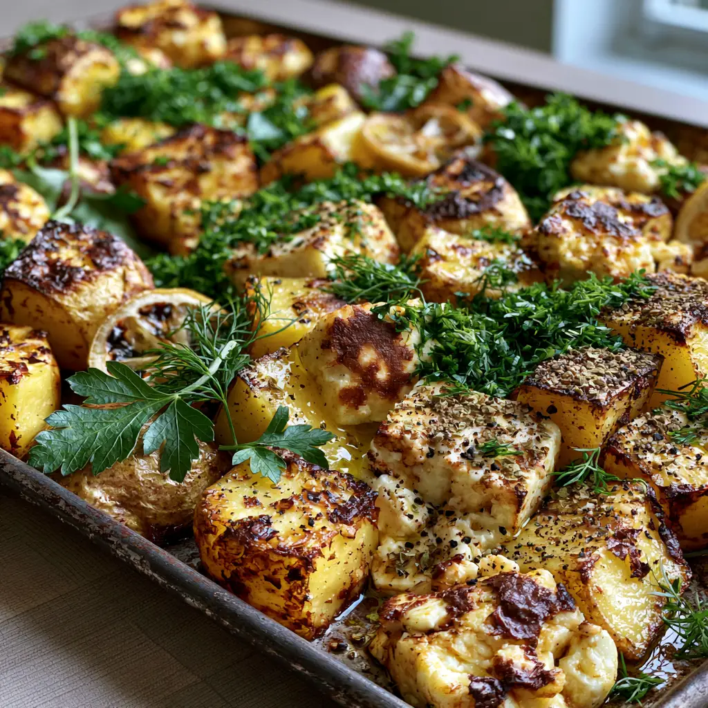 Garnished baked feta potatoes with fresh dill, parsley, and charred lemon slices on a rustic baking sheet.