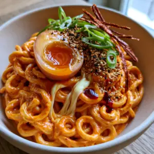 Extreme close-up of curly Korean spicy chicken noodles heavily coated in a glossy orange-red gochujang cream sauce with mozzarella cheese strands.