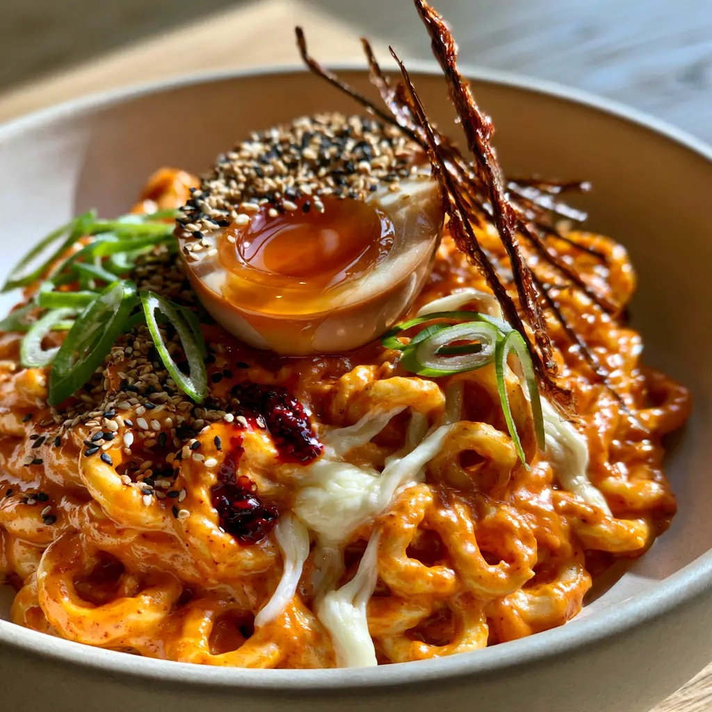 Handheld photo showing a soft-boiled egg with a jammy yolk sitting atop spicy Korean ramen garnished with nori and sesame seeds.