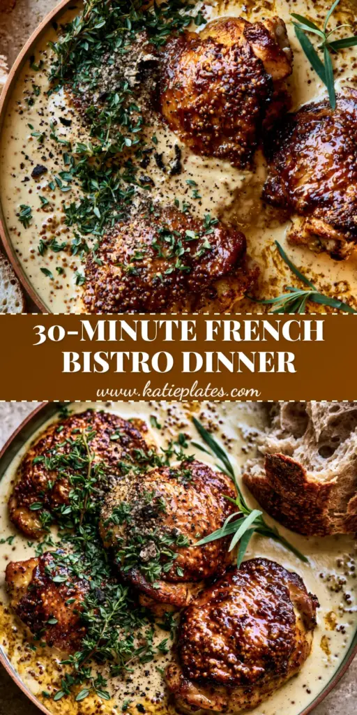 Rustic French Mustard Chicken in a copper skillet with crispy chicken thighs, creamy sauce, and fresh herbs. (French cuisine recipe)
