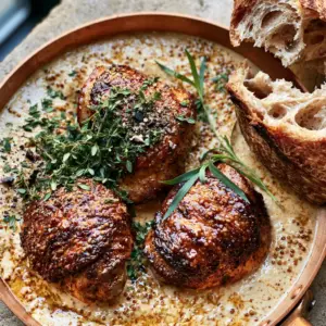 Close-up of seared chicken skin glistening in a thick mustard cream sauce with whole grain seeds. (French cuisine recipe)