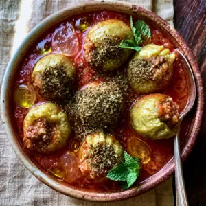 Six pale green zucchinis stuffed with meat and rice, submerged in a vibrant red tomato broth (Kousa mahshi).