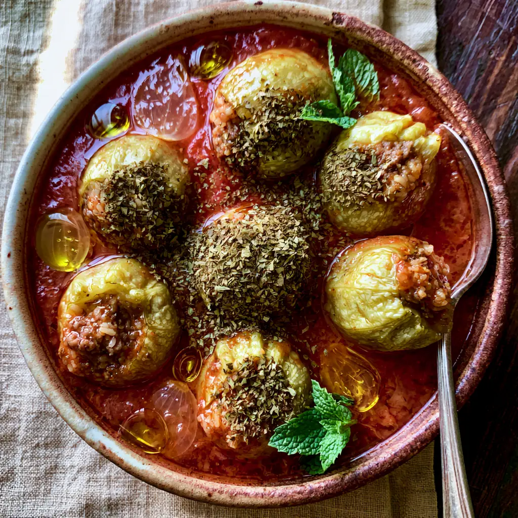 Kousa Mahshi: Authentic Lebanese Stuffed Zucchini in Tomato Broth 2 Six pale green zucchinis stuffed with meat and rice, submerged in a vibrant red tomato broth (Kousa mahshi).