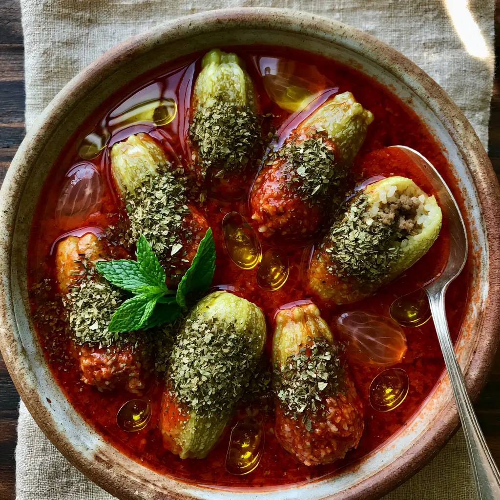 Kousa Mahshi: Authentic Lebanese Stuffed Zucchini in Tomato Broth 1 Close up of Kousa mahshi showing the glossy broth, garlic slices, and dried mint flakes.