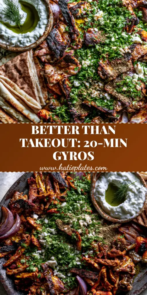 A rustic sheet pan filled with charred Chicken Gyros, blistered peppers, caramelized onions, and toasted pita triangles next to a bowl of creamy tzatziki.