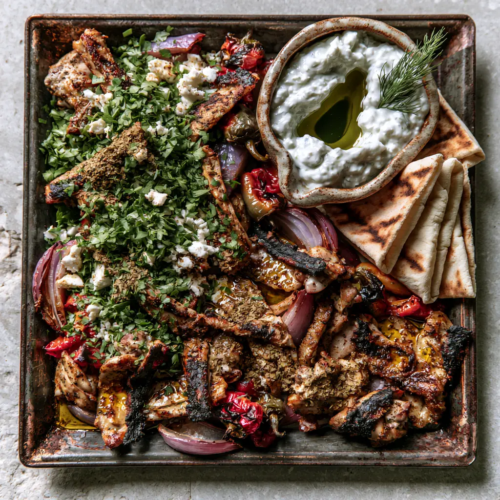 Thick creamy tzatziki sauce with a dill sprig and olive oil well, served with Chicken Gyros.