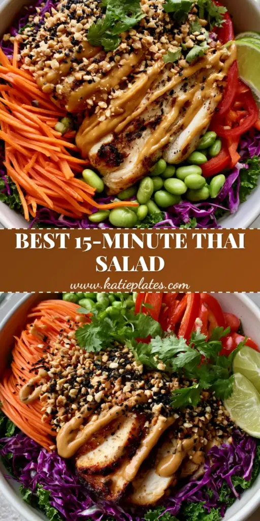 A top-down vibrant Thai chicken salad in a white bowl featuring purple cabbage, kale, seared chicken breast, and a thick peanut dressing drizzle.