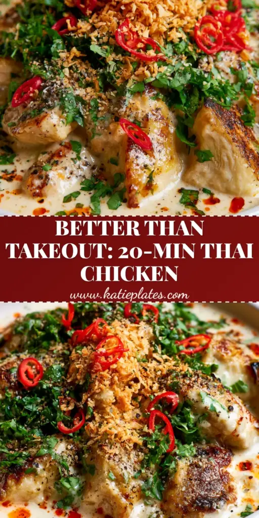 Thai chicken in Creamy Coconut Sauce with Red Chili Oil 3 A top-down Pinterest-style photo of Thai chicken in a creamy ivory sauce, featuring bright red chili oil droplets, green cilantro, and toasted coconut flakes.