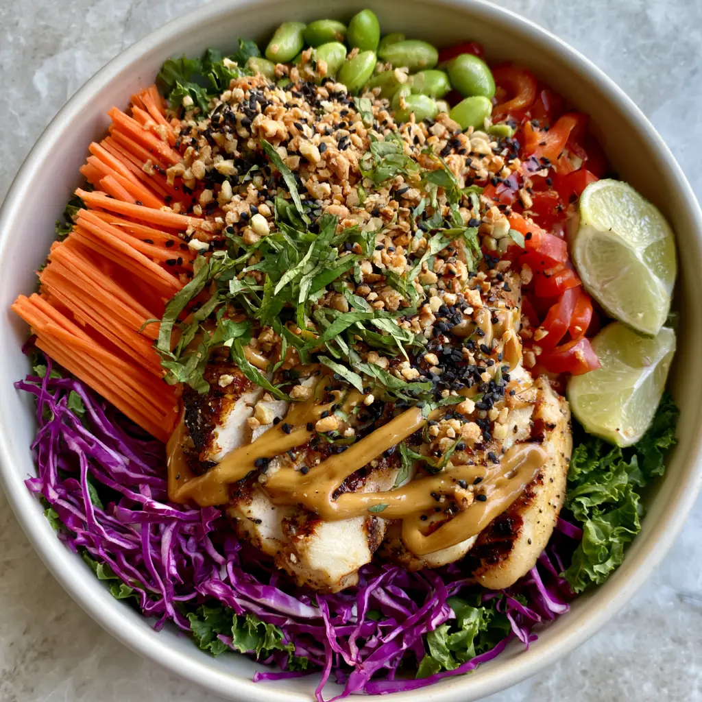A handheld smartphone photo of a Thai chicken salad showing the layers of julienned carrots, edamame, and purple cabbage.