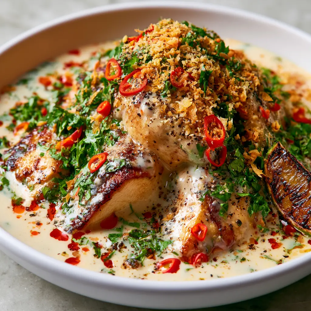 Thai chicken in Creamy Coconut Sauce with Red Chili Oil 1 Wide shot of a shallow white ceramic bowl filled with golden seared Thai chicken, toasted coconut, and a charred lime wedge on a gray stone background.