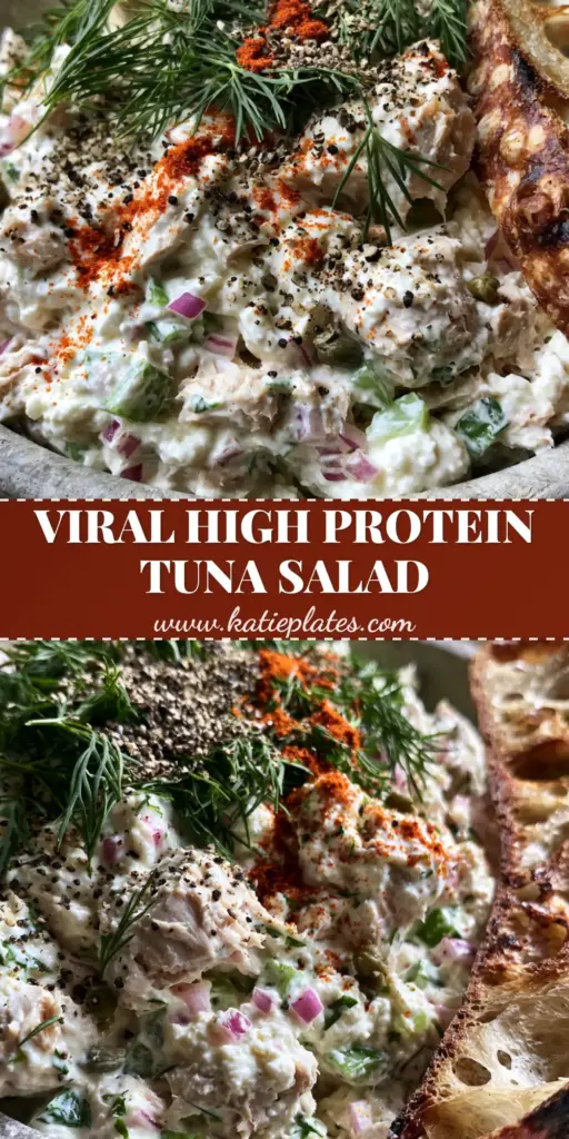 Cottage Cheese Tuna Salad: The Ultimate Creamy High-Protein Lunch 4 A Pinterest-style vertical shot of cottage cheese tuna salad garnished with dill and paprika, served in a stone bowl with sourdough toast.