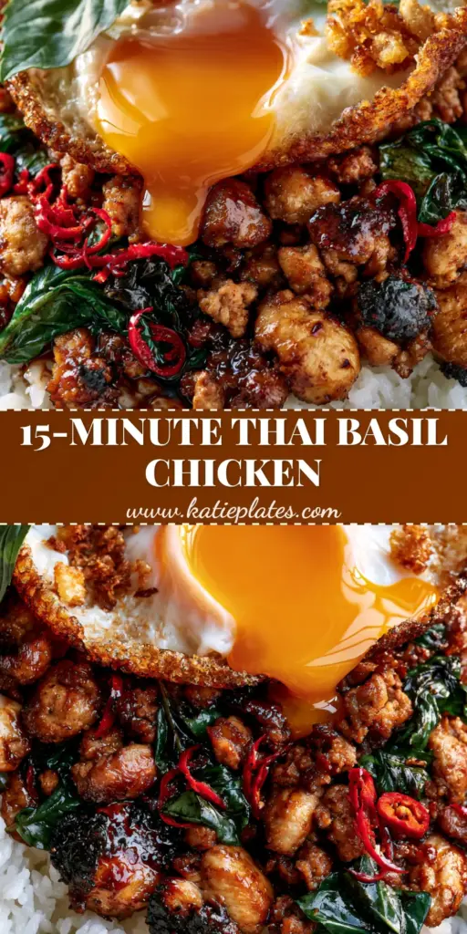 Thai basil chicken (Pad Krapow Gai) with Crispy Fried Egg 4 A close-up of Thai basil chicken over jasmine rice, topped with a crispy-edged fried egg and fresh bird eye chilis.